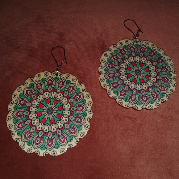 Big Flower Mandala Boho Wood Floral Festival Earrings Pink Turquoise Bohemian - Picture 4 of 8